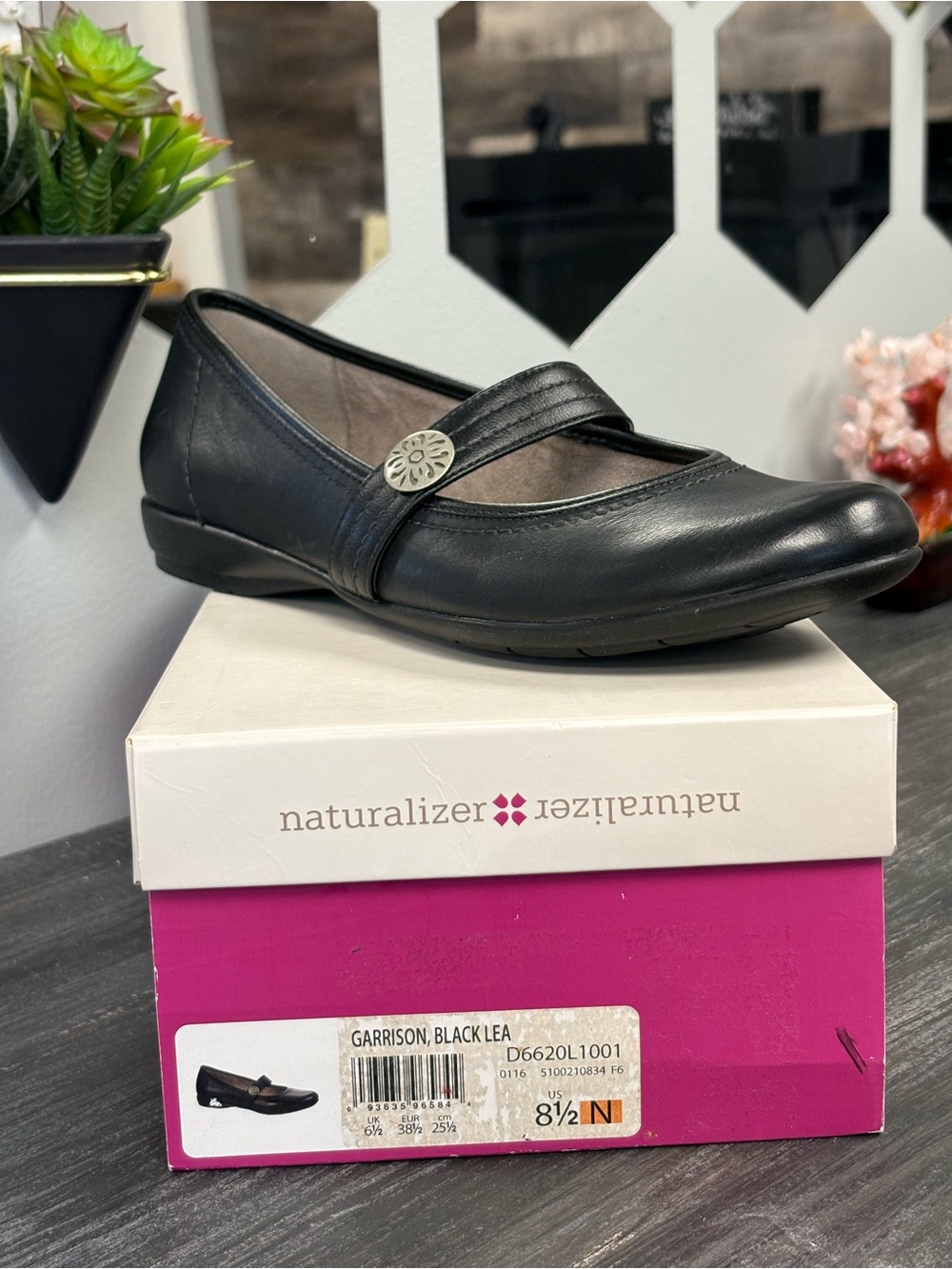 Naturalizer Black Leather Mary Jane Flat with Decorative Strap